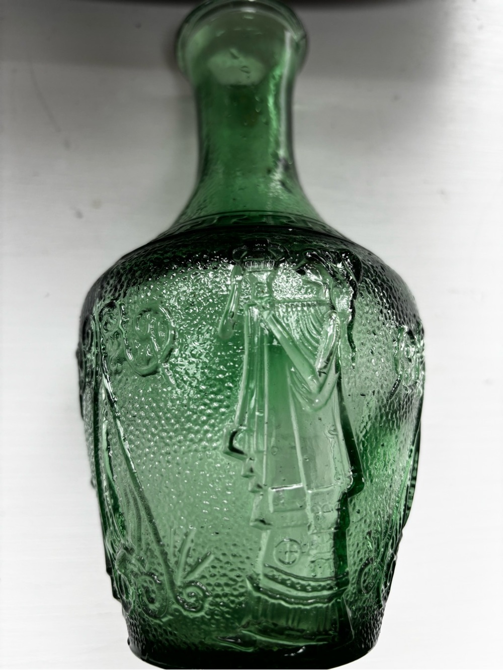 Vintage Green Glass Bud Vase: Greek Key & Figural Relief Decor